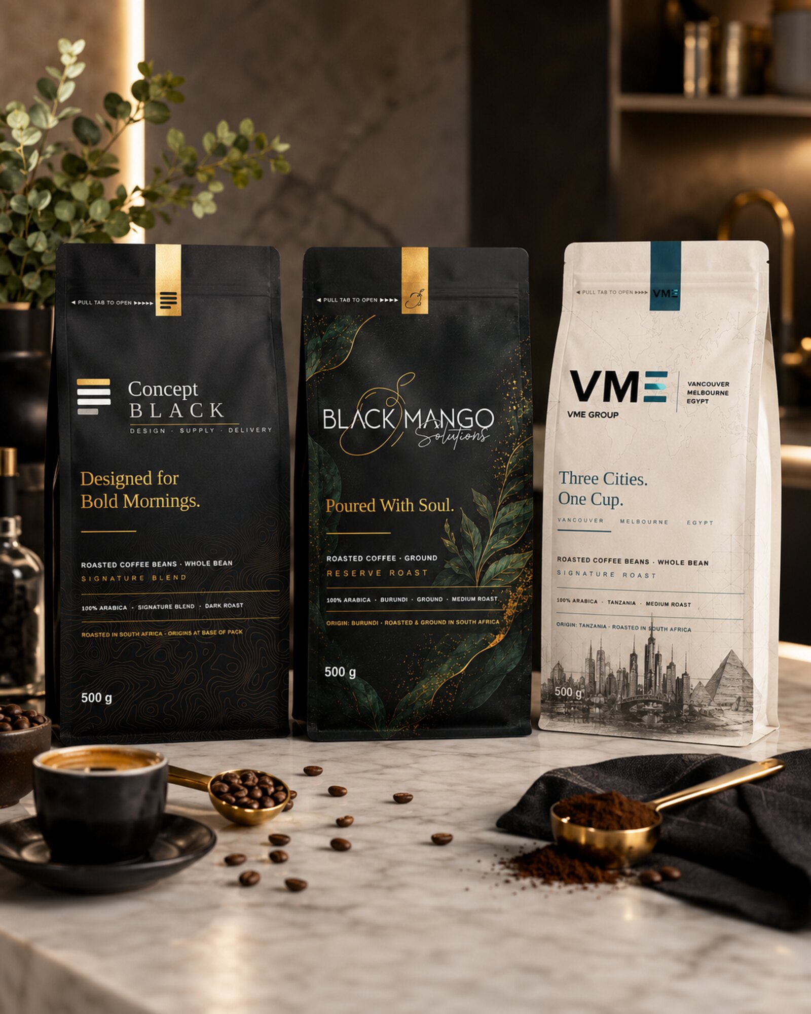 The Concept Black coffee range on a marble counter
