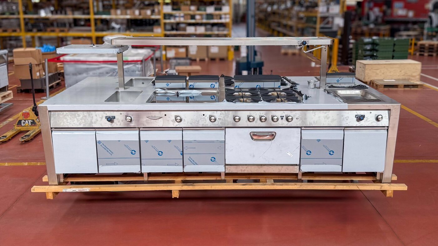 The finished cooking block, crated and ready to ship